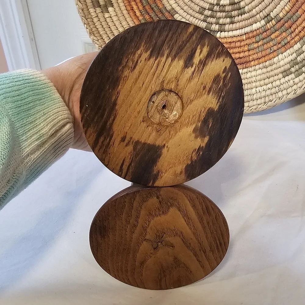 Vintage Wooden Two Toned Large Candlestick Holders Set Of Two